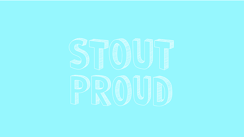 Stout Proud illustrated text with blue background
