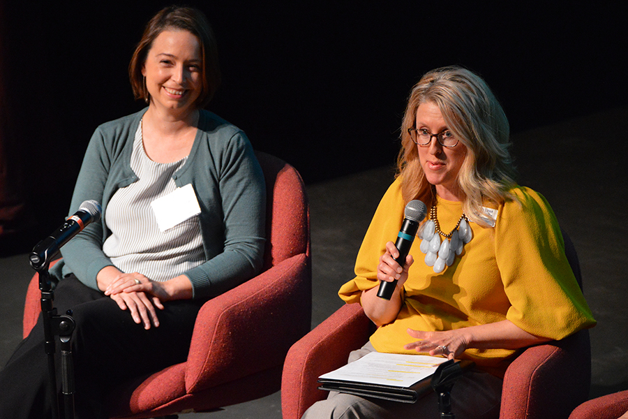 A panel discussion took place on collective impact. Panelist Cristy Linse, director of the Initiative to Create the UW-Stout Center for the Study and Promotion of Health and Wellbeing addresses the summit.