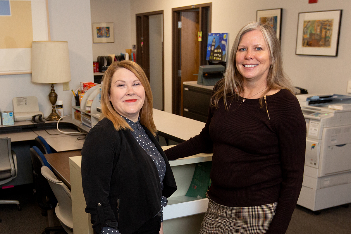 UW-Stout’s Director of Student Support Services Angela Ruppe, at left, and Fostering Success program advisor Gail Mentzel