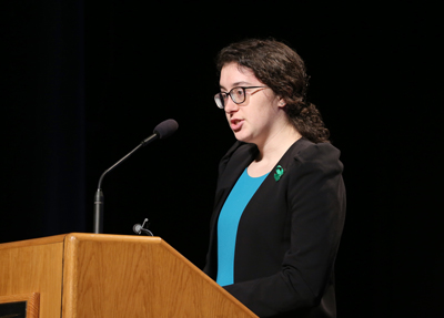 Laura Donovan, president of the Stout Student Association, talks about her educational experiences at UW-Stout during the event.