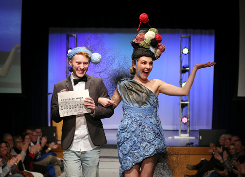 Andrew Bogard and Chloe Halverson walk the runway at Fashion Without Fabric after receiving the Scholarship Award for their design, worn by Halverson.