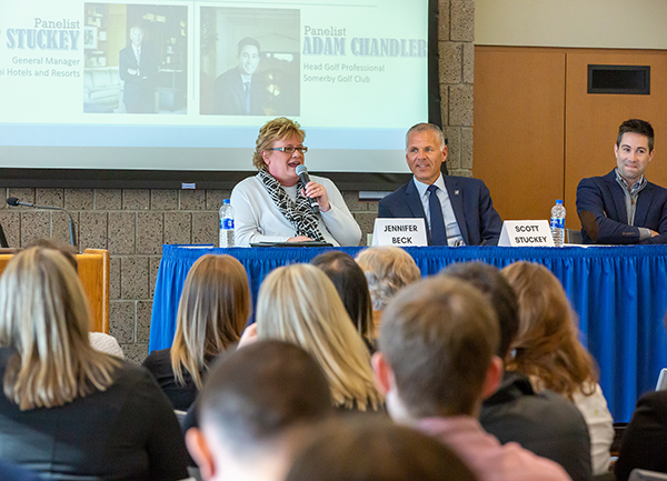 From left, Jennifer Beck, Scott Stuckey and Adam Chandler take part in a panel discussion.