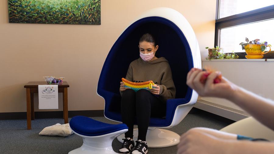 The small lounge provides space for students to decompress, relax, meditate and unplug.