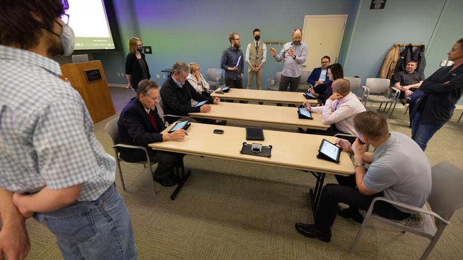 Officials from UW-Stout, business and industry tested Buzz Digital: A Lean Manufacturing Simulation recently at UW-Stout. 