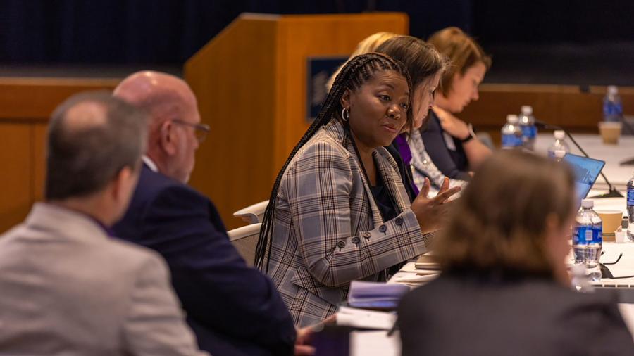 Angela Adams, a member of the UW System Board of Regents, speaks during a meeting session at UW-Stout.