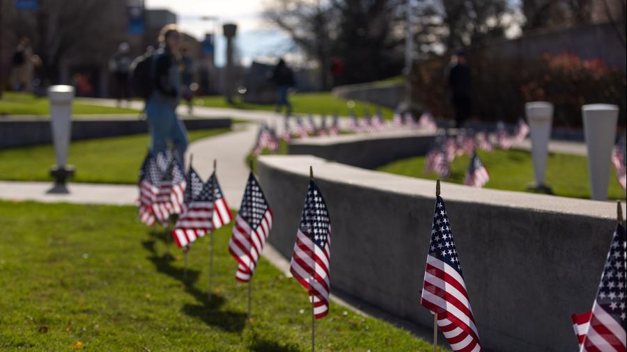 Flags outside of the Memorial Student Center at UW-Stout honor fallen service members on Veterans Day 2022.