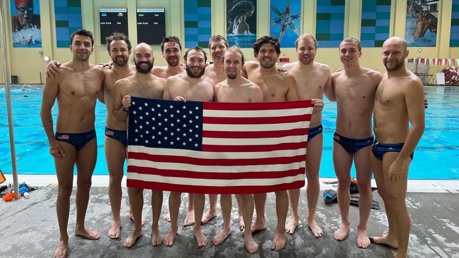 Luke Bousley and the U.S. elite men's underwater hockey team