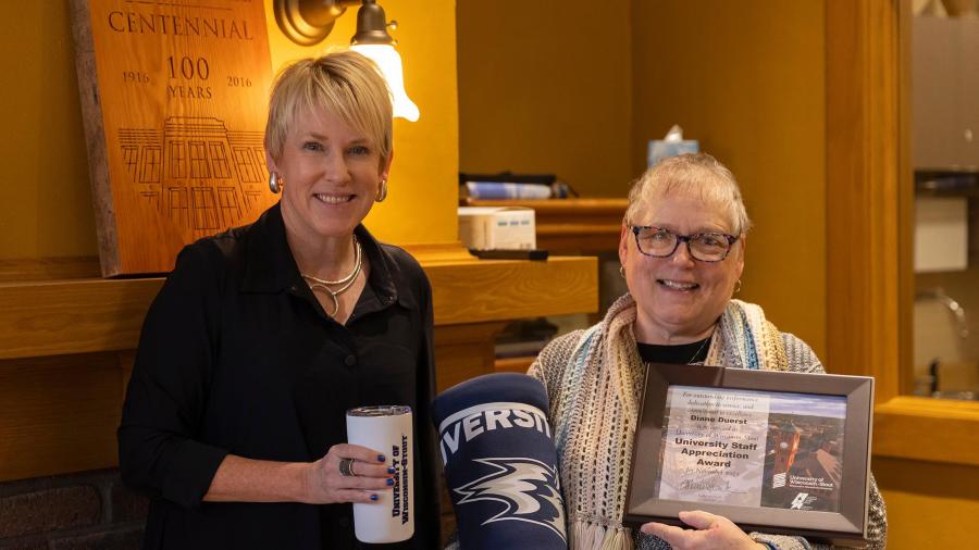 Diane Duerst, right, receives the November University Staff Employee Appreciation award from Chancellor Katherine Frank.