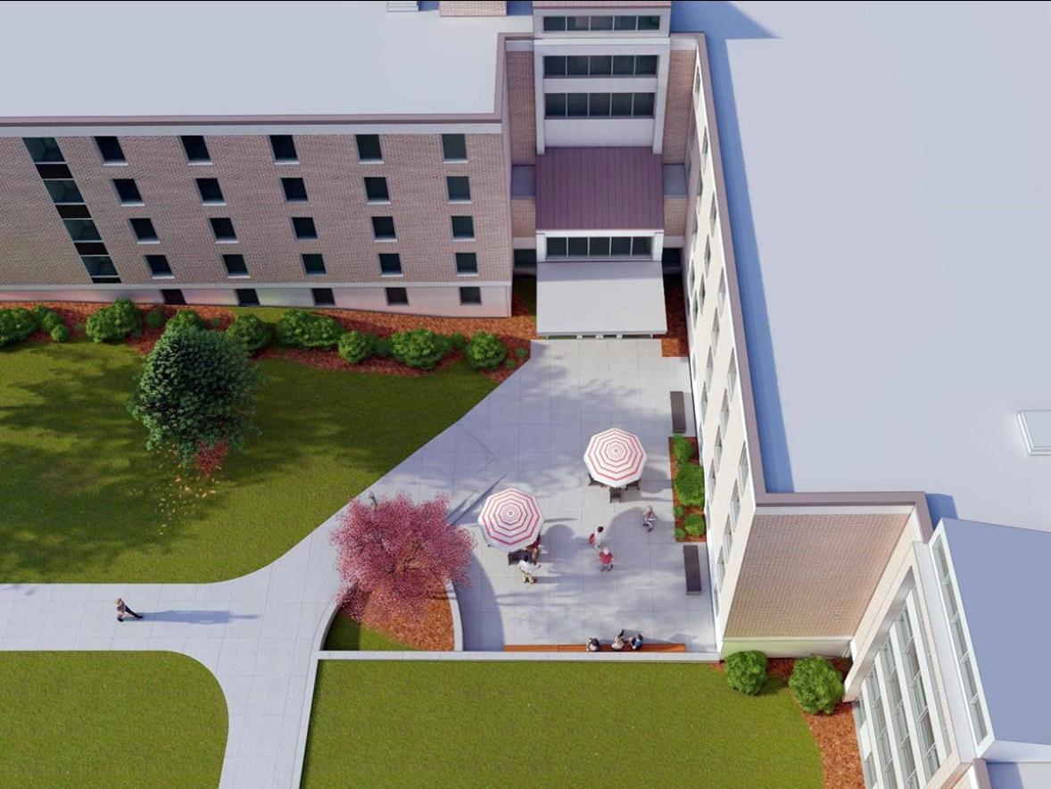 A 2022-23 renovation of South Hall residence hall at UW-Stout will include a new main entrance on the northeast side, facing the campus mall.  