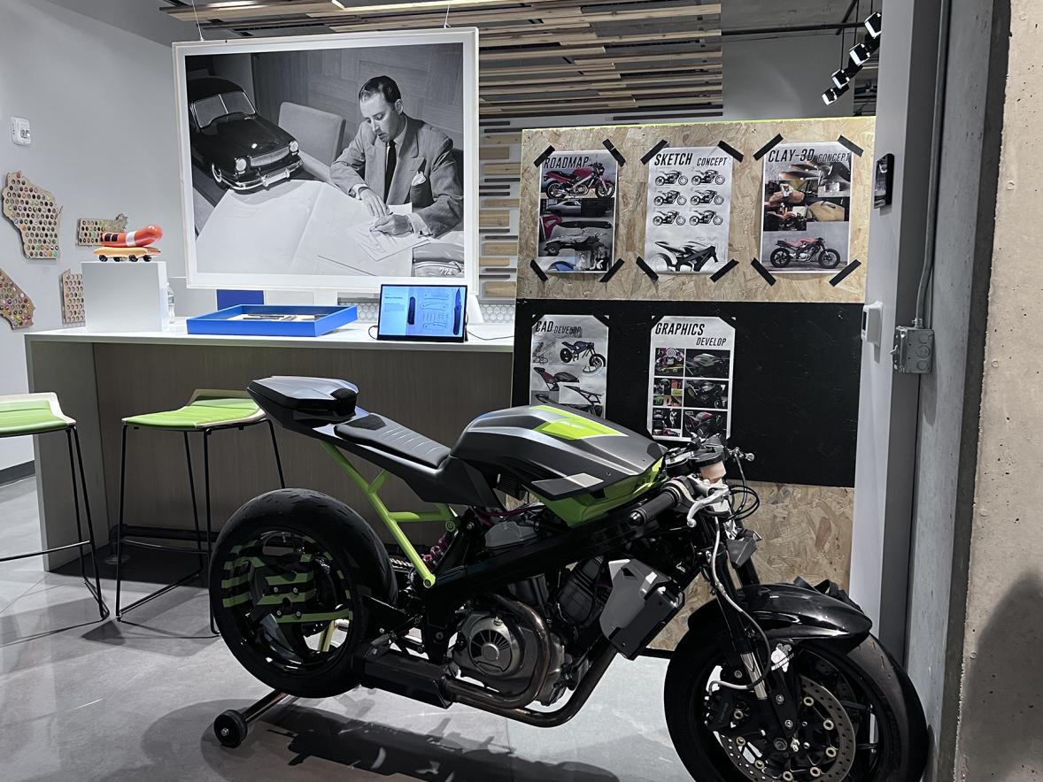 An operational, 3D-printed motorcycle was displayed by Brooks Stevens Inc. of Milwaukee.