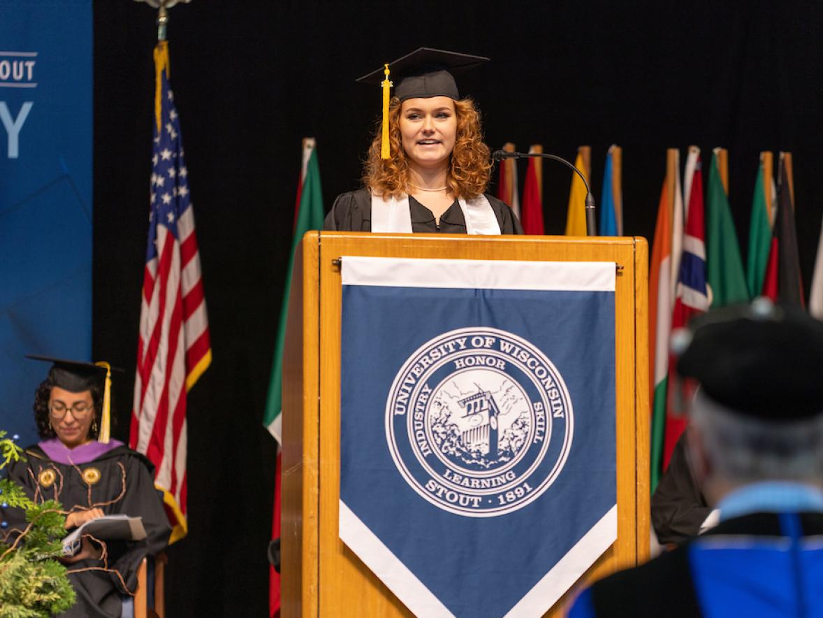 Willa Rodencal speaks at the undergraduate commencement ceremony on Dec. 17.