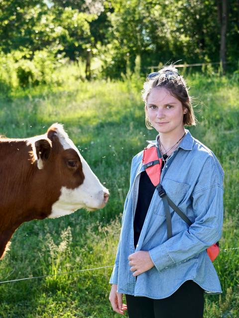 Olivia Regnier posing with a brown and white beef cow on a farm